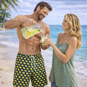 Beach Bros Swimsuit Mens Size XL Lemon Lime Summer Beach Blue Swim Trunks Shorts
